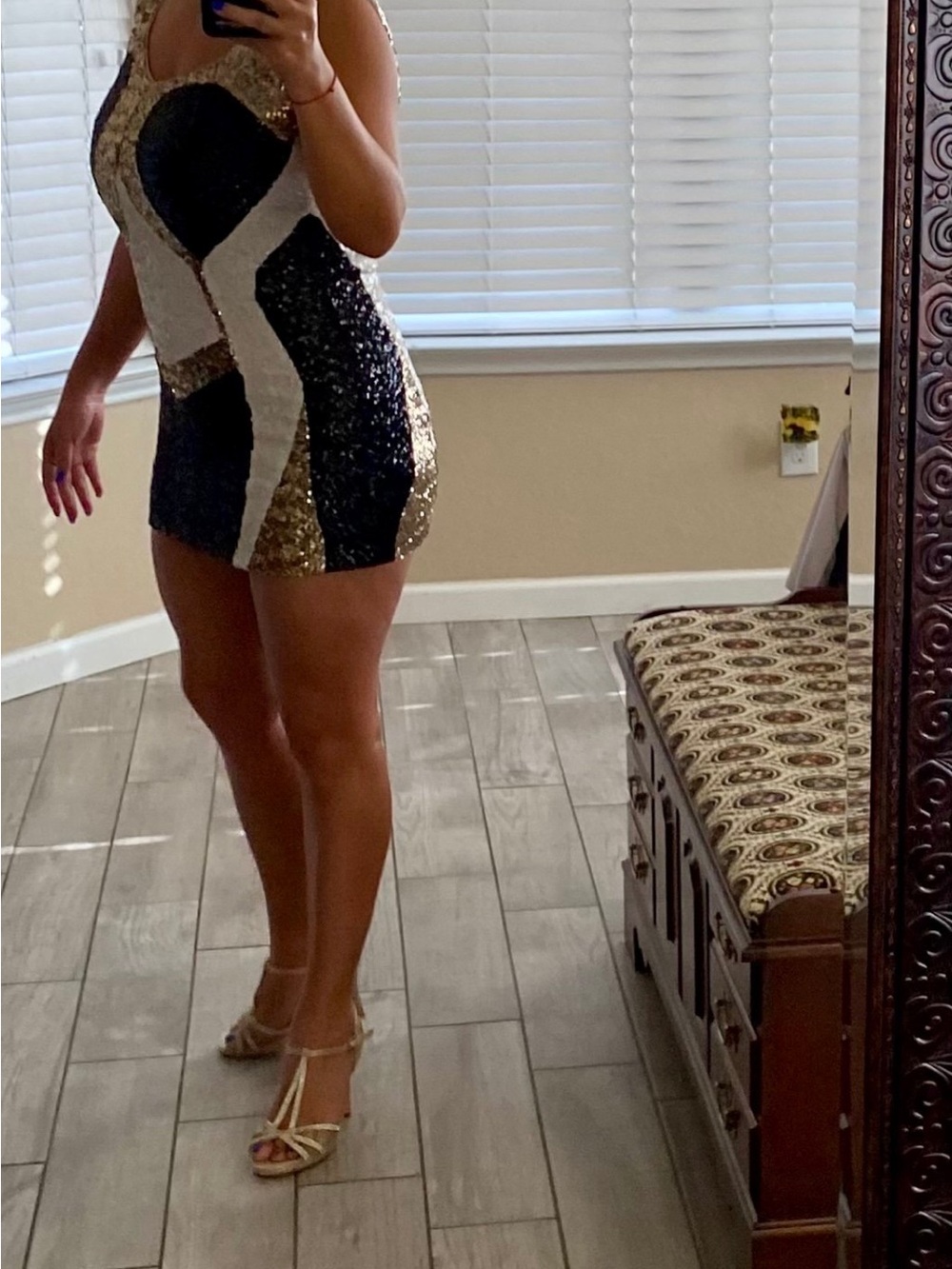 Sequin Geometric Bodycon Mini Dress in Black, Gold & White